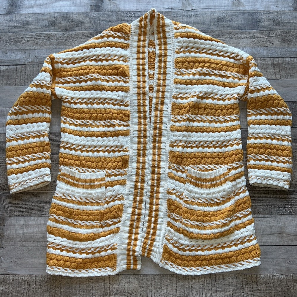 Maje Striped Cable Knit Cardigan Womens 3/L Yellow White Stripe Chunky Knit Boho
